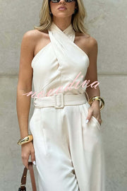 Solid Color Halterneck Sleeveless Waisted Casual Pocket Straight Jumpsuit