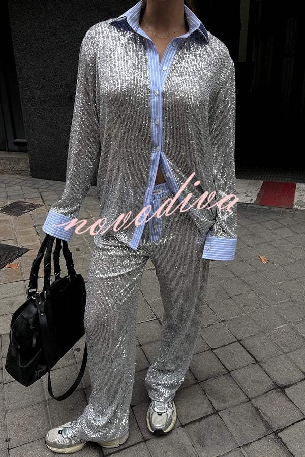 Fashion Sequined Loose Long-sleeved Shirt and Casual Elastic Waist Wide-leg Pants Set