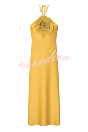 Fashionable Beaded Large Flower Decoration Halter Neck Backless Maxi Dress