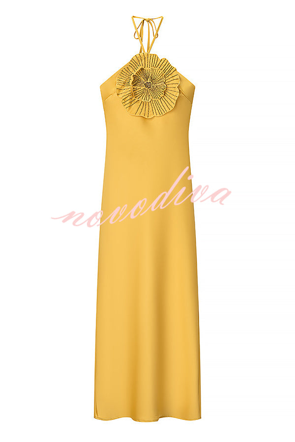 Fashionable Beaded Large Flower Decoration Halter Neck Backless Maxi Dress