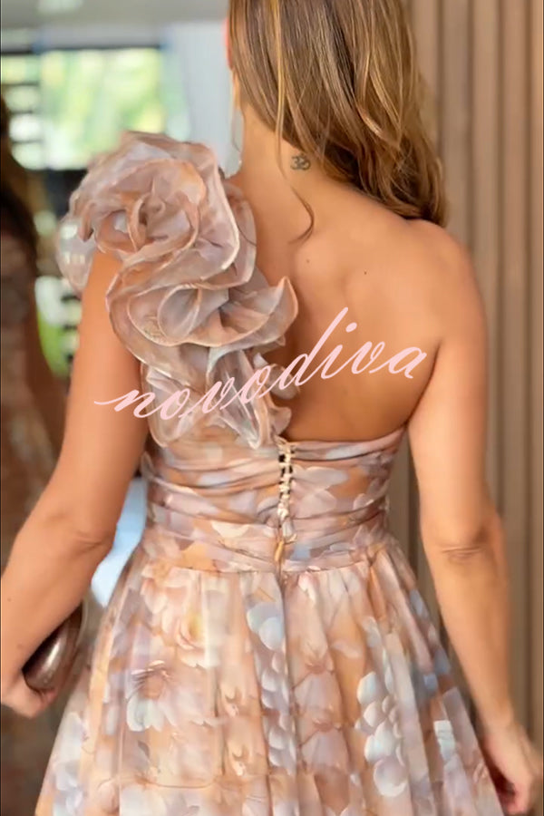 Romantic Ball Chiffon Floral One-shoulder Pleated Design Back Lace-up Gown Maxi Dress