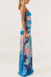 Colorful Ocean Mesh Printed Twist Cutout Off Shoulder Vacation Maxi Dress