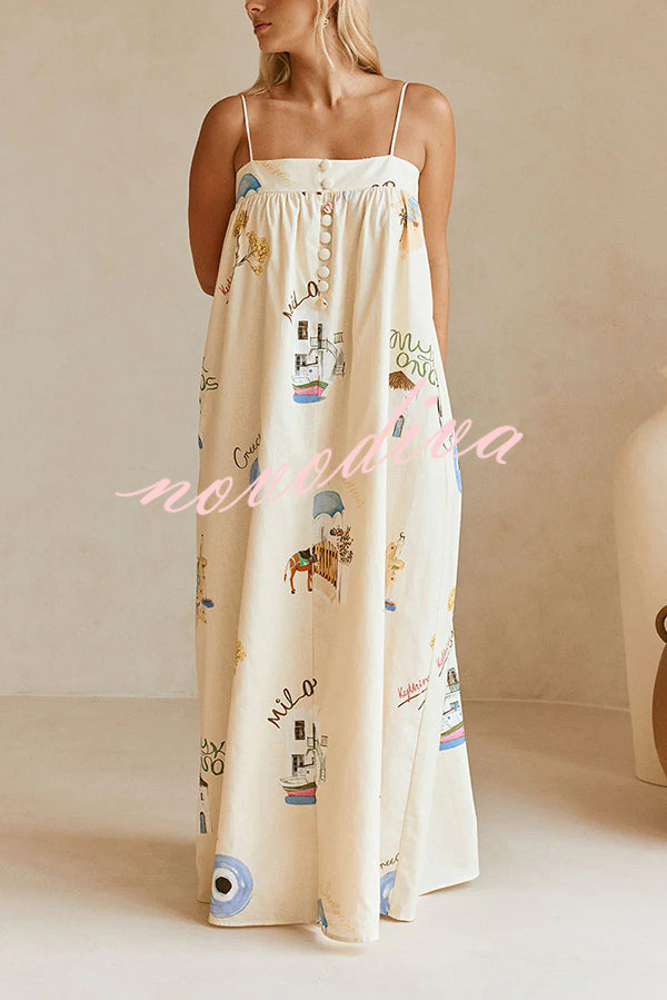 Linen Blend Sling Backless Loose Holiday Maxi Dress