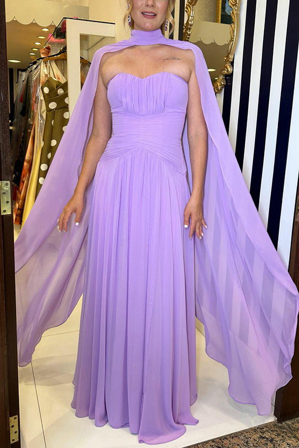 Lavender Scent Chiffon Ruched Strapless Removable Cape Maxi Dress