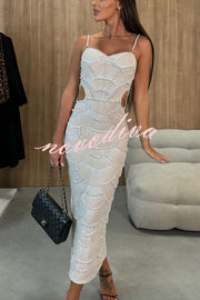 Own It Pearl Sequin Embellished Sexy Backless Cutout Strap Maxi Dress