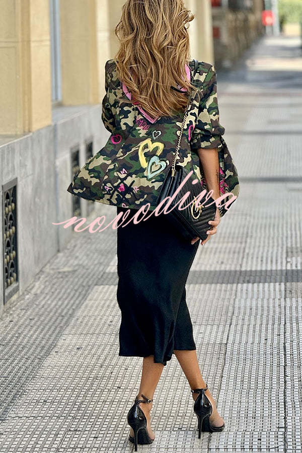 Be A Lover Camouflage Heart Graffiti Detail Lapel Loose Blazer Jacket