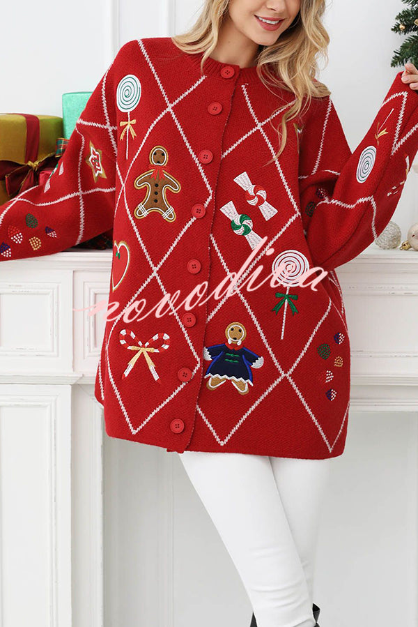 Argyle Candy Gingerbread Man Embroidered Button-knit Cardigan