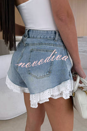 Brooke Denim High Waist  Pocket Layered Lace Trim Loose Shorts