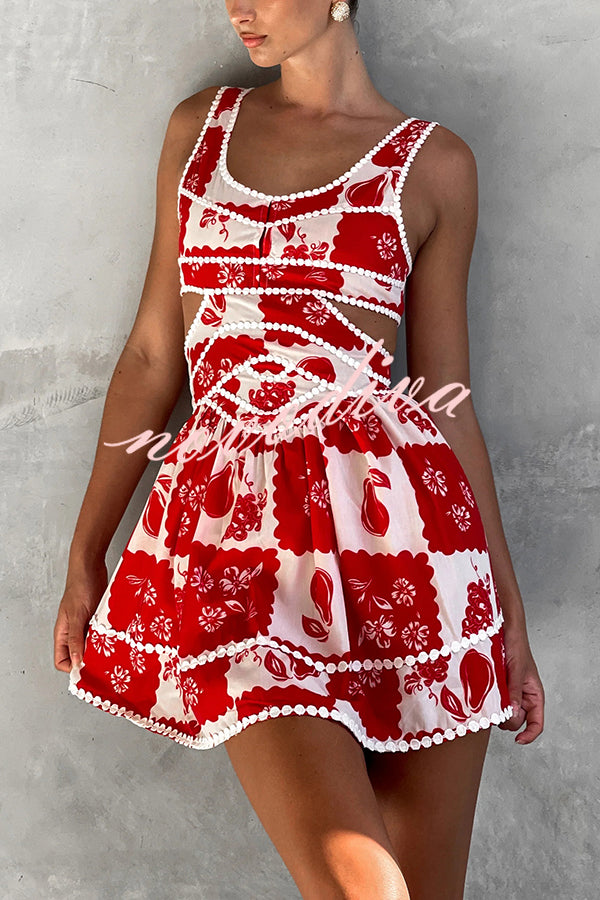 Holiday Colors Ric Rac Trims Unique Print Cutout Round Neck Mini Dress