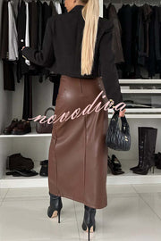 Excellent Partner Faux Leather High Rise Front Slit Stretch Midi Skirt