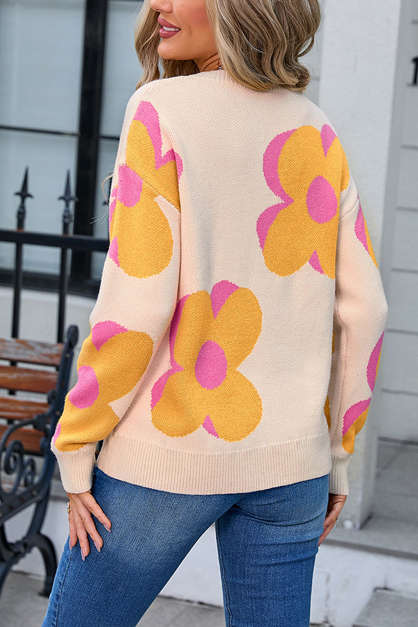 Fashionable Round Neck Long Sleeve Knitted Flowers Sweater