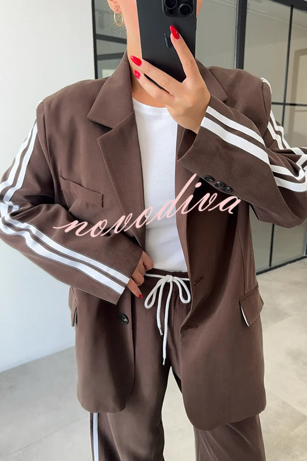 Levvie Striped Trim Long Sleeve Lapel Blazer and Rope Belt Pocketed Wide Leg Pants Set