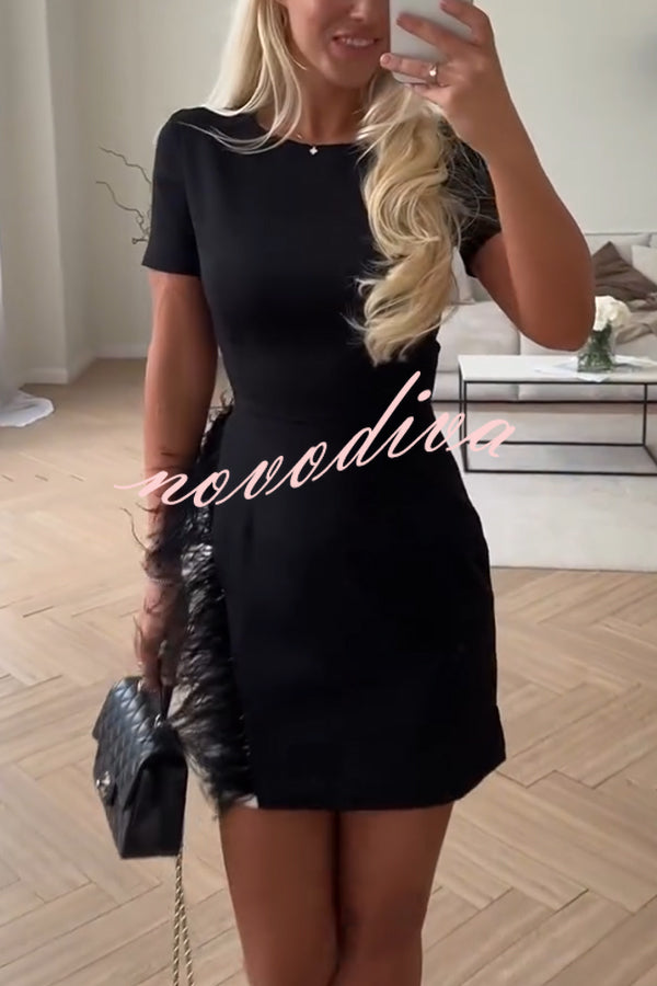 Marcelle Feather Trim Short Sleeve Color-block Him Mini Dress