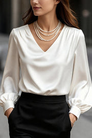 Solid Color Satin V-neck Puff Sleeve Casual Shirt