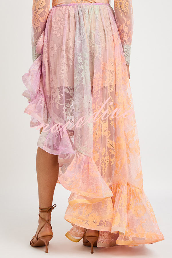 Tesley Lace Gradient Print Elastic Waist Irregular Ruffles Maxi Skirt