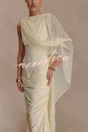 Fashionable Mesh Shawl Sleeveless Slim Fit Pleated Maxi Dress