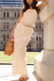 Feel Chic and Romantic Sequin Textured Material Back Elastic Halter Tie Tank and Drawstring Waist Tiered Maxi Skirt Set