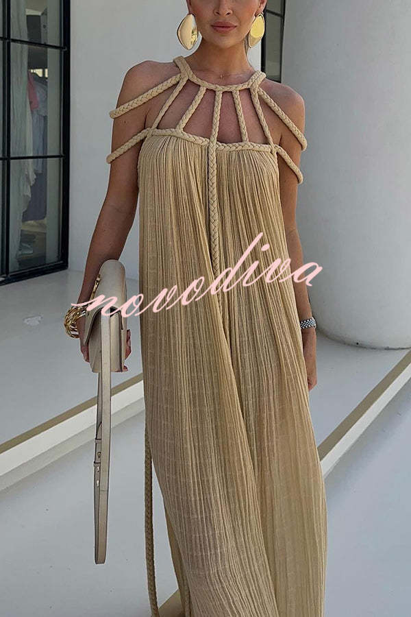 Modern and Sophisticated Linen Blend Draped Braids Cover Up Maxi Dress