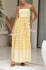 Striped Polka-dot Print Sling Pleated Open-back Maxi Dress