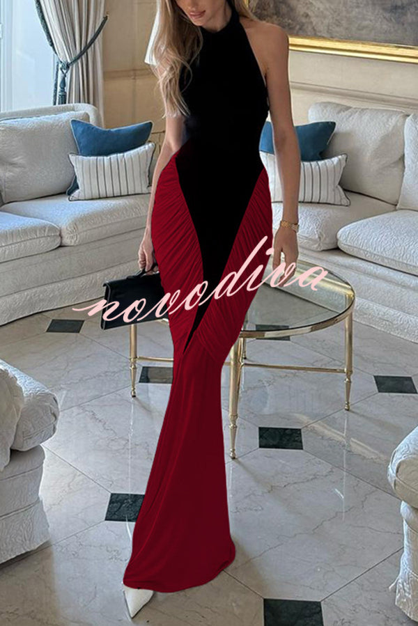 Fashionable Contrast Color Open Back Side Pleated Draped Maxi Dress