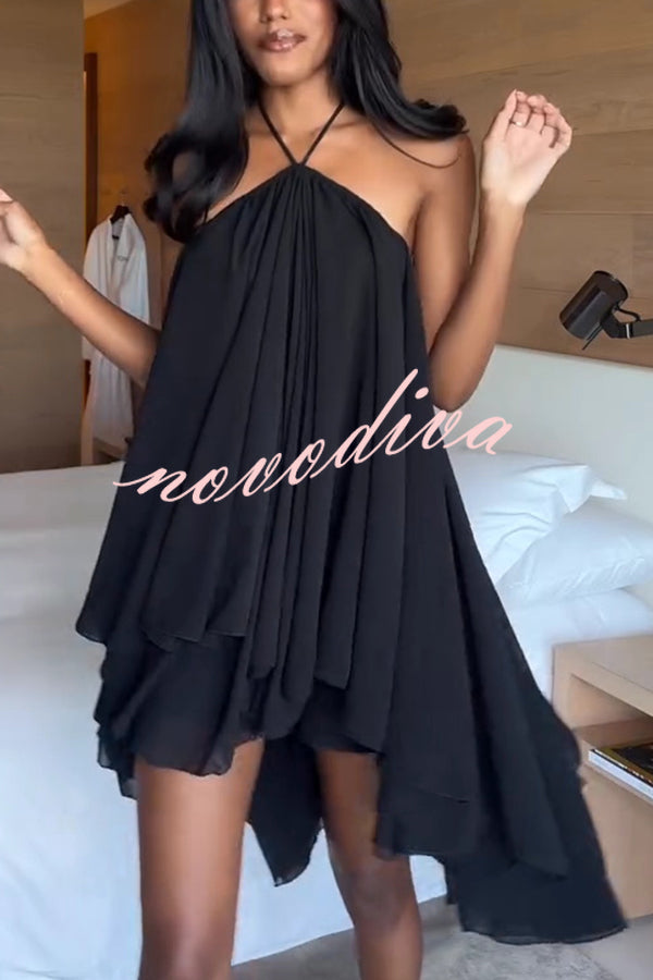 Chiffon Solid Color Halter Backless Irregular Mini Dress