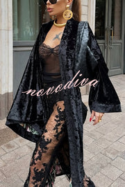 Gorgeous Glossy Velvet Long Bell Sleeve Tie-up Pocket Midi Kimono Coat