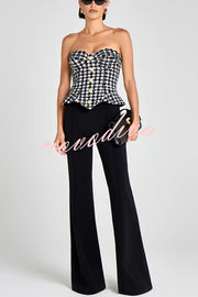 Maya Check Bouclé-tweed Fabric Sweetheart Neck Gold Button Strapless Tank