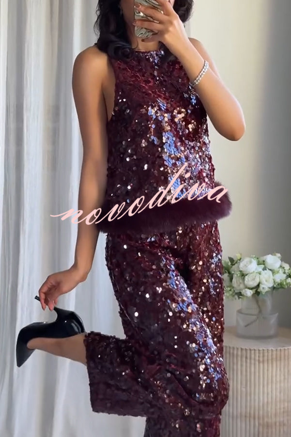 Gala Goddess Sequin Faux Fur Trim Crew Neck Sleeveless Loose Top