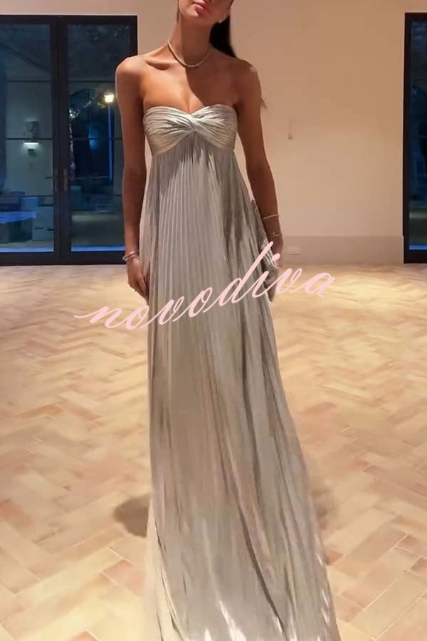 Night Elf Metallic Fabric Pleated Off Shoulder Twist Bust Slit Maxi Dress