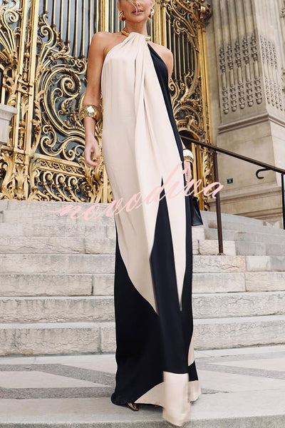 Gabi Satin Colorblock Metal Ring Halter Backless Maxi Dress