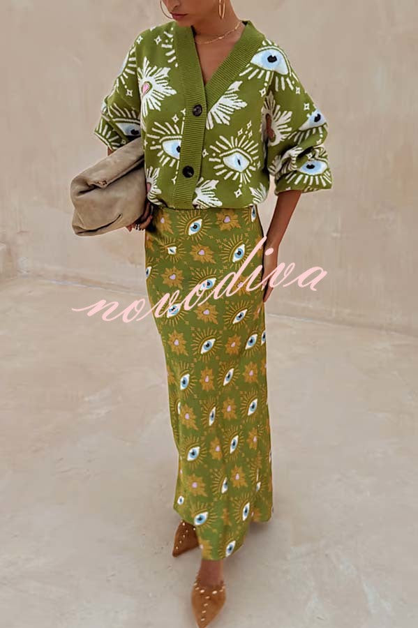 Mysterious Magic Satin Eye Heart Pattern Elastic Waist Drape Maxi Skirt