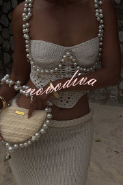 Mirina Hollow Crochet Knit Pearl Trim Heart Collar Crop Vacation Tank