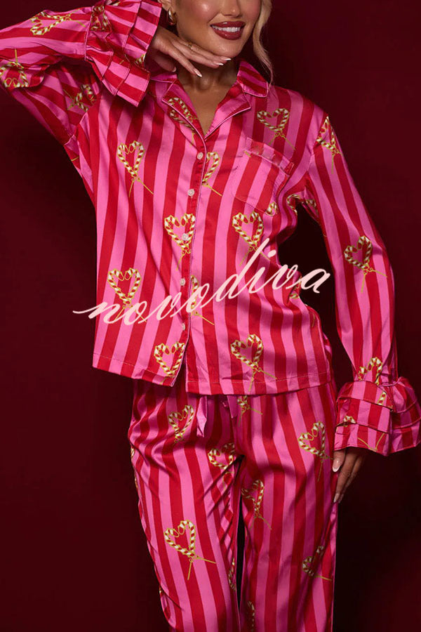 Festive Season Long Candy Stripe Tiered Bell Cuffs Elastic Waist Pocketed Pajama Set