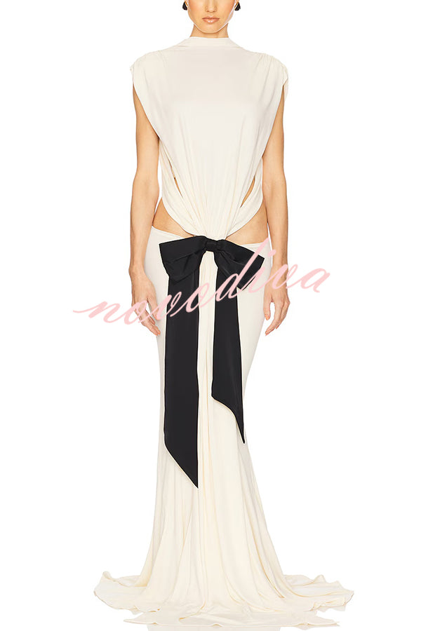 Sexy Open Back Bow Embellished Elegant Fishtail Maxi Dress