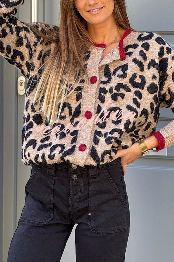 Leopard Print Crew Neck Long-sleeved Loose Knit Cardigan