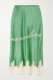 Celebration Look Contrast Color Satin Lace Trim Elastic Waist Drape Midi Skirt