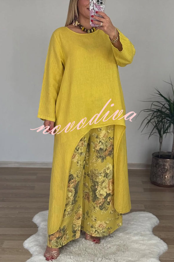 Linen Blend Crew Neck Long Sleeve Irregular Loose Top and Elastic Waist Floral Print Casual Pocket Set