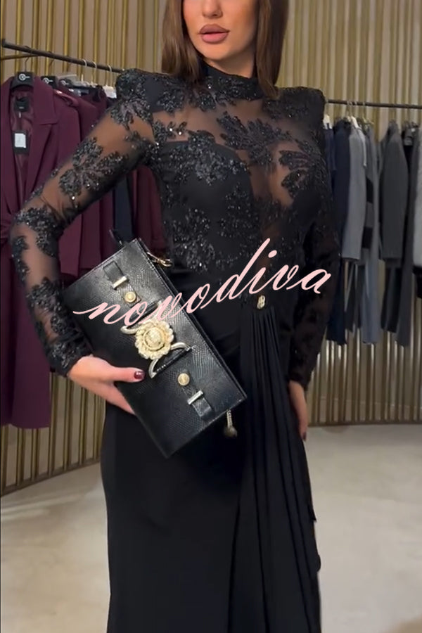 Fenna Sheer Floral Sequin Shoulder Pads Long Sleeve Drape Slit Maxi Dress