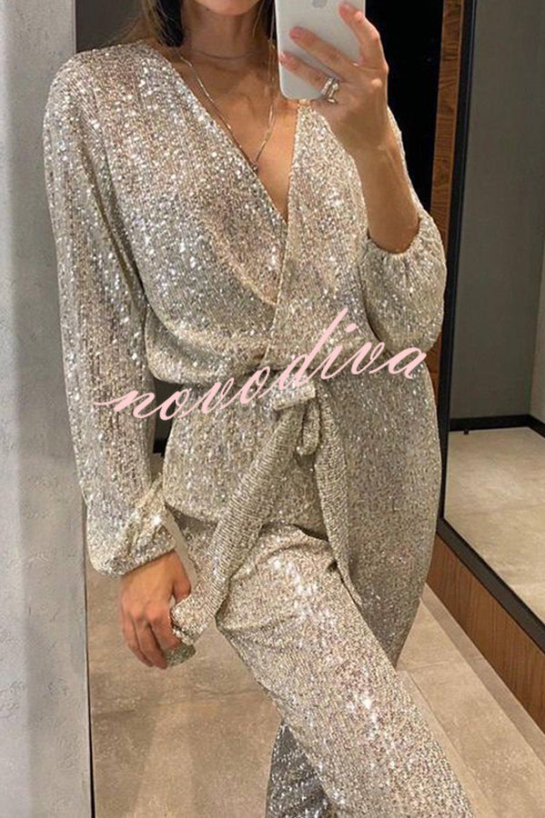 Cheers To You Sequin Long Sleeve Belted Wrap Loose Jumpsuit