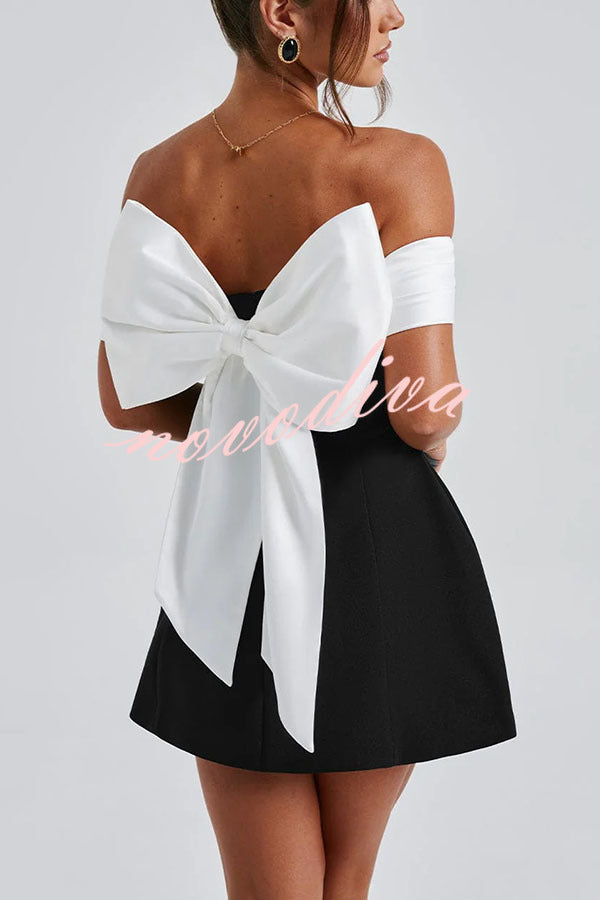 Sexy Contrast Off-the-shoulder Bow-embellished Mini Dress