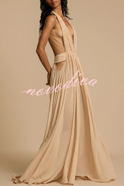 Ethereal Moment Tulle Cutout Ruched Waist Backless Halter Maxi Dress