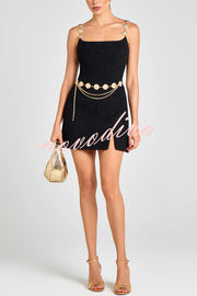 Timeless Exquisite Tweed Fabric Metal Coin Chain Detail Slip Mini Dress