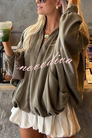 Fashion Lapel Loose Puff Long Sleeve Casual Zipper Jacket