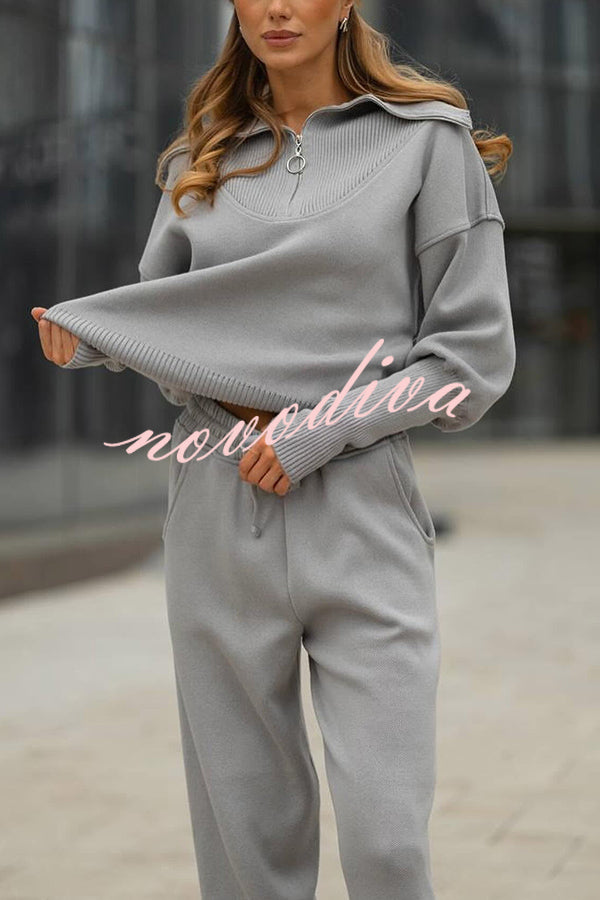 Solid Color Long-sleeved Zip-up Sweatshirt and Elastic Waist Loose Pocket Pants Set