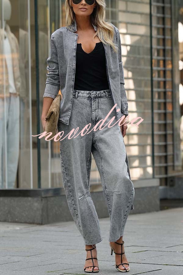 Casual Meetup Washed Denim Mid Rise Pocketed Barrel Jeans