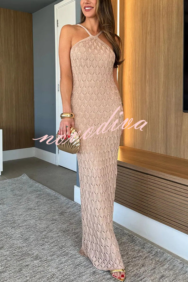 Solid Color Knitted Open Back Slim Slit Maxi Dress