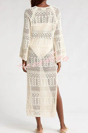 Hollie Knit Unique Pattern Tie-up Long Sleeve Cover-Up Midi Dress