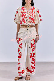 Till Sunset Linen Blend Unique Print Elastic Waist Pocket Wide Leg Pants