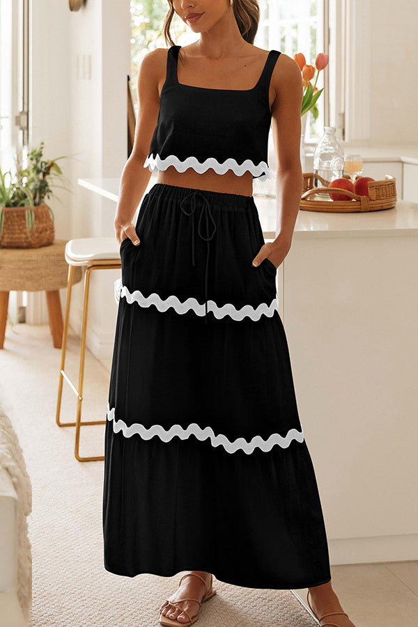 Napa Ric Rac Trims Sleeveless Crop Tank and Drawstring Elastic Waist Pocket Maxi Skirt