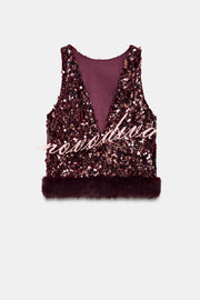 Gala Goddess Sequin Faux Fur Trim Crew Neck Sleeveless Loose Top